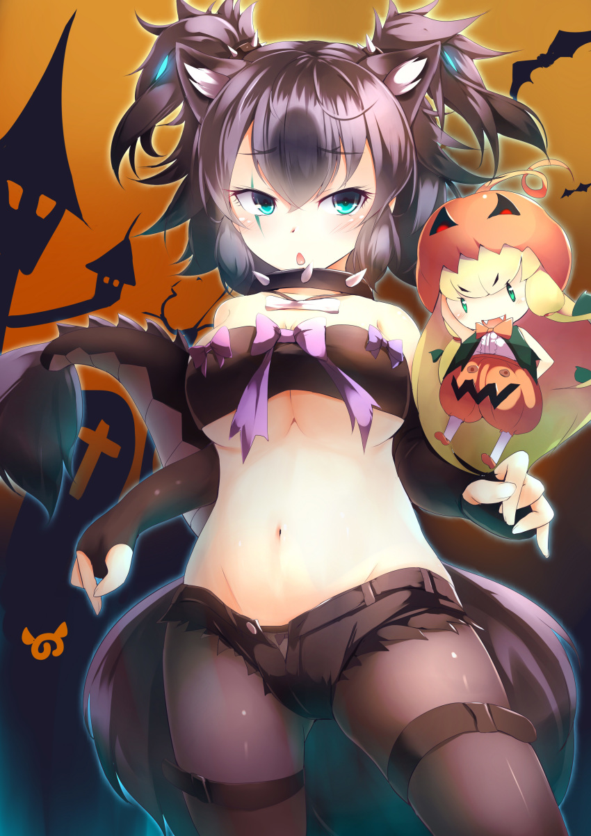 2girls :d absurdres animal_ears bandeau bare_shoulders black_hair blonde_hair blue_eyes bow breasts cerberus_(kemono_friends) chestnut_mouth chibi collar commentary dog_ears elbow_gloves fangs fingerless_gloves gloves glowing glowing_hair green_eyes groin halloween highres jack-o'-lantern_(kemono_friends) japari_symbol kanzakietc kemono_friends medium_breasts micro_shorts midriff multiple_girls navel open_mouth pantyhose pantyhose_under_shorts scar scar_across_eye scar_on_face short_hair short_shorts shorts smile spiked_collar spikes tail twintails underboob