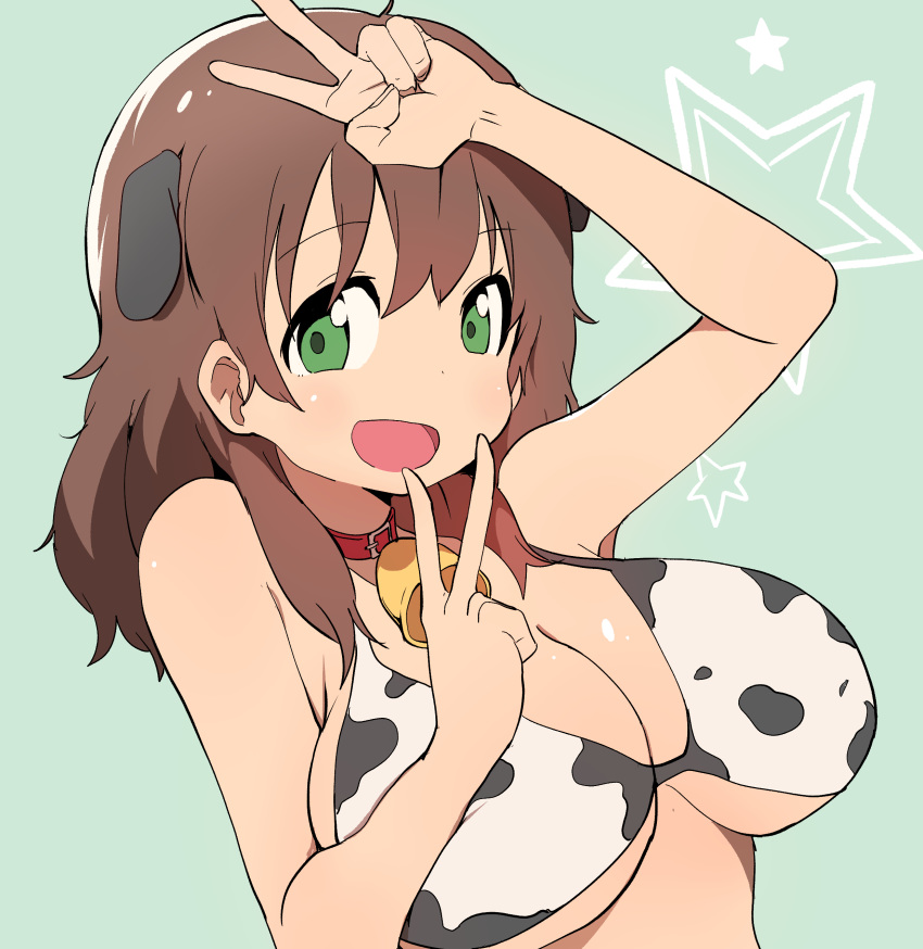 absurdres animal_ears animal_print bell blush breasts brown_hair bural_chingu cleavage collar commentary cow_ears cow_girl cow_print cowbell double_v female green_eyes ham_na-bi highres huge_breasts korean_commentary looking_at_viewer luke_(dydansgur) neck_bell open_mouth original short_twintails simple_background smile solo twintails v