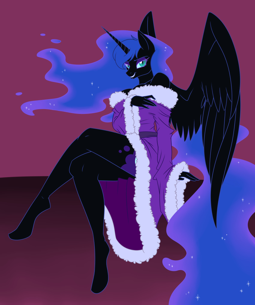 2015 absurd_res alicorn anthro anthrofied bathrobe bedroom_eyes biped black_body black_feathers blue_eyes blue_hair breasts cleavage clothed clothing crossed_legs equid equine eyeshadow feathered_wings feathers female friendship_is_magic hair half-closed_eyes hasbro hi_res hooves horn looking_at_viewer makeup mammal my_little_pony mythological_creature mythological_equine mythology narrowed_eyes nightmare_moon_(mlp) pupils robe seductive sitting slit_pupils solo sparkles spiderweber wings