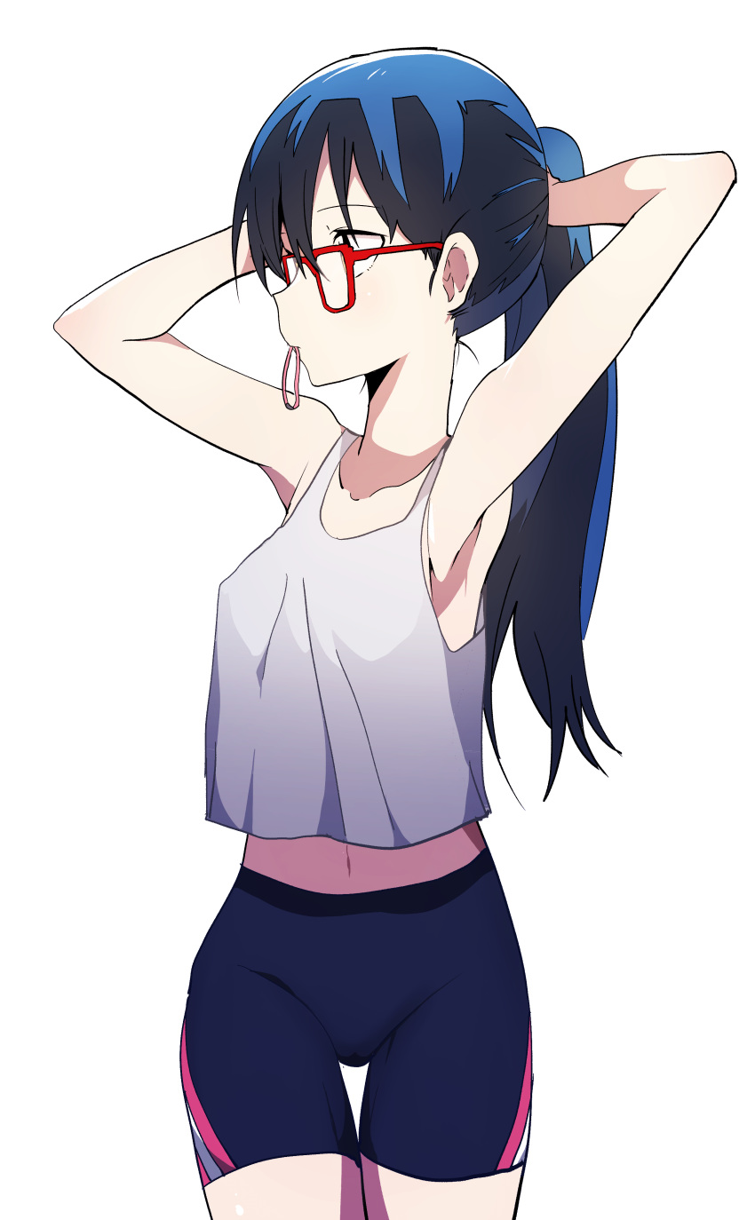 absurdres adjusting_hair armpits arms_behind_head arms_up bike_shorts black_hair blue_hair breasts bural_chingu commentary female glasses hair_between_eyes hair_tie hair_tie_in_mouth highres ju_hyeon-mi korean_commentary long_hair looking_away looking_to_the_side luke_(dydansgur) mouth_hold original ponytail red-framed_eyewear simple_background solo tank_top thigh_gap tying_hair white_background yellow_eyes