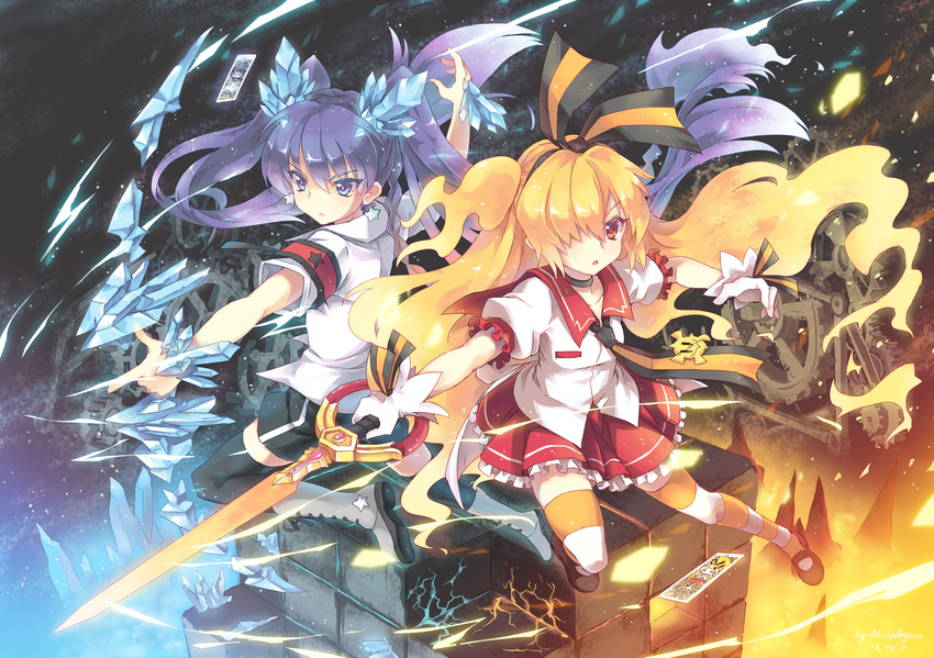 2girls absurdres black_legwear boots bow_(weapon) card commentary fire gen'ei_wo_kakeru_taiyou gloves hair_over_one_eye hair_ribbon hairband highres hoshikawa_seira ice long_hair looking_at_viewer mary_janes multiple_girls necktie north_abyssor orange_hair photoshop_(medium) purple_eyes purple_hair red_eyes ribbon school_uniform serafuku shoes short_sleeves skirt striped sword taiyou_akari thighhighs twintails very_long_hair weapon white_gloves zettai_ryouiki