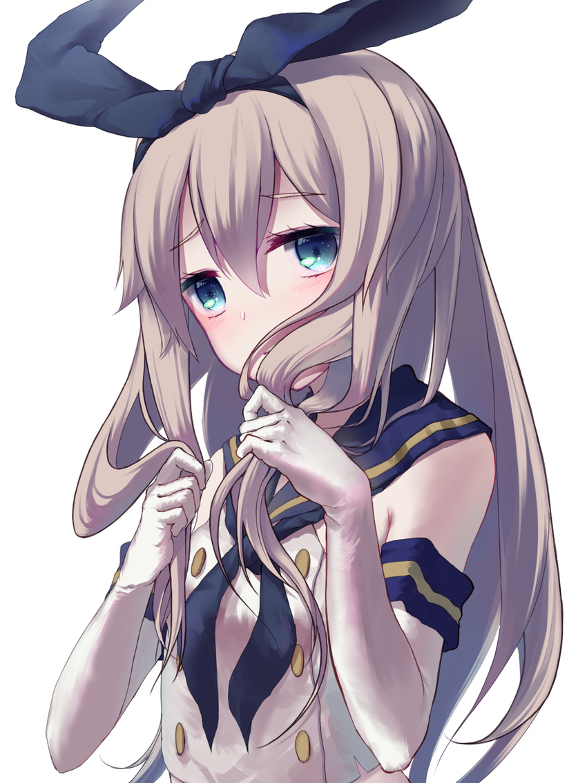 blue_eyes blush commentary_request detached_sleeves female fuyuzima gloves hairband highres holding holding_own_hair kantai_collection long_hair looking_at_viewer sad shimakaze_(kancolle) solo sweat upper_body