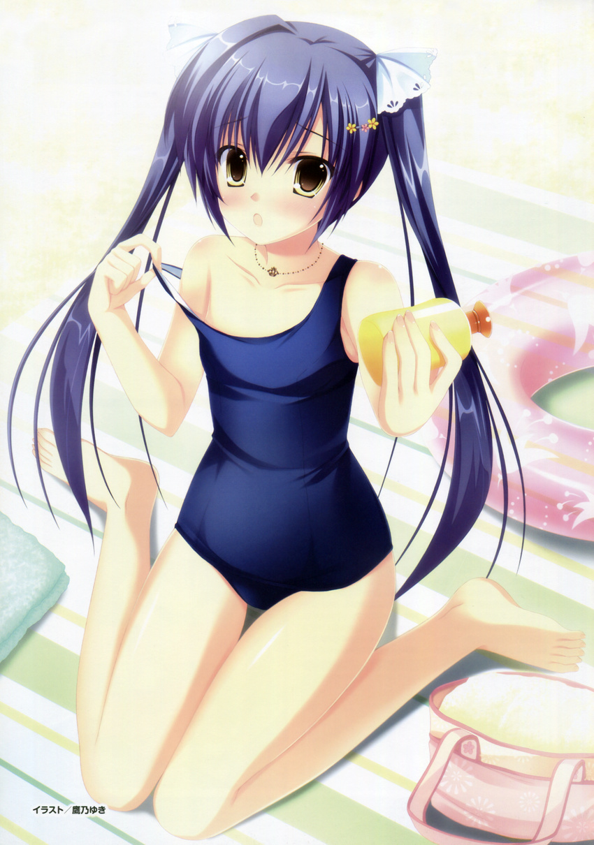 :o absurdres bag barefoot blue_hair bottle brown_eyes da_capo da_capo_iii female highres innertube jewelry lotion_bottle necklace one-piece_swimsuit rukawa_sara scan school_swimsuit sitting swim_ring swimsuit takano_yuki_(allegro_mistic) towel twintails wariza