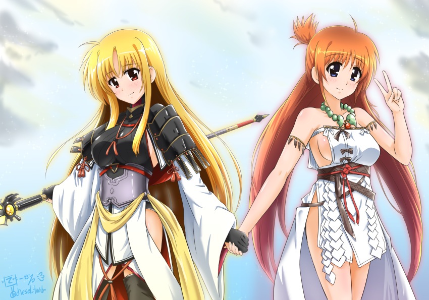 2girls adapted_costume alternate_color armor armored_dress artist_logo bardiche_(nanoha) bead_necklace beads black_armor black_gloves black_shirt blonde_hair blue_eyes breasts commentary_request corset cosplay cowboy_shot crop_top diesel-turbo dress fate/grand_order fate_(series) fate_testarossa gloves highres himiko_(fate) himiko_(fate)_(cosplay) himiko_(first_ascension)_(fate) holding_hands japanese_armor jewelry long_hair lyrical_nanoha magatama magatama_necklace mahou_shoujo_lyrical_nanoha_strikers medium_breasts mizuki_nana multiple_girls nagao_kagetora_(fate) nagao_kagetora_(fate)_(cosplay) necklace orange_hair raising_heart red_eyes sash shirt side_slit sideboob staff takamachi_nanoha tamura_yukari topknot turtleneck twitter_username v voice_actor_connection white_dress yellow_sash