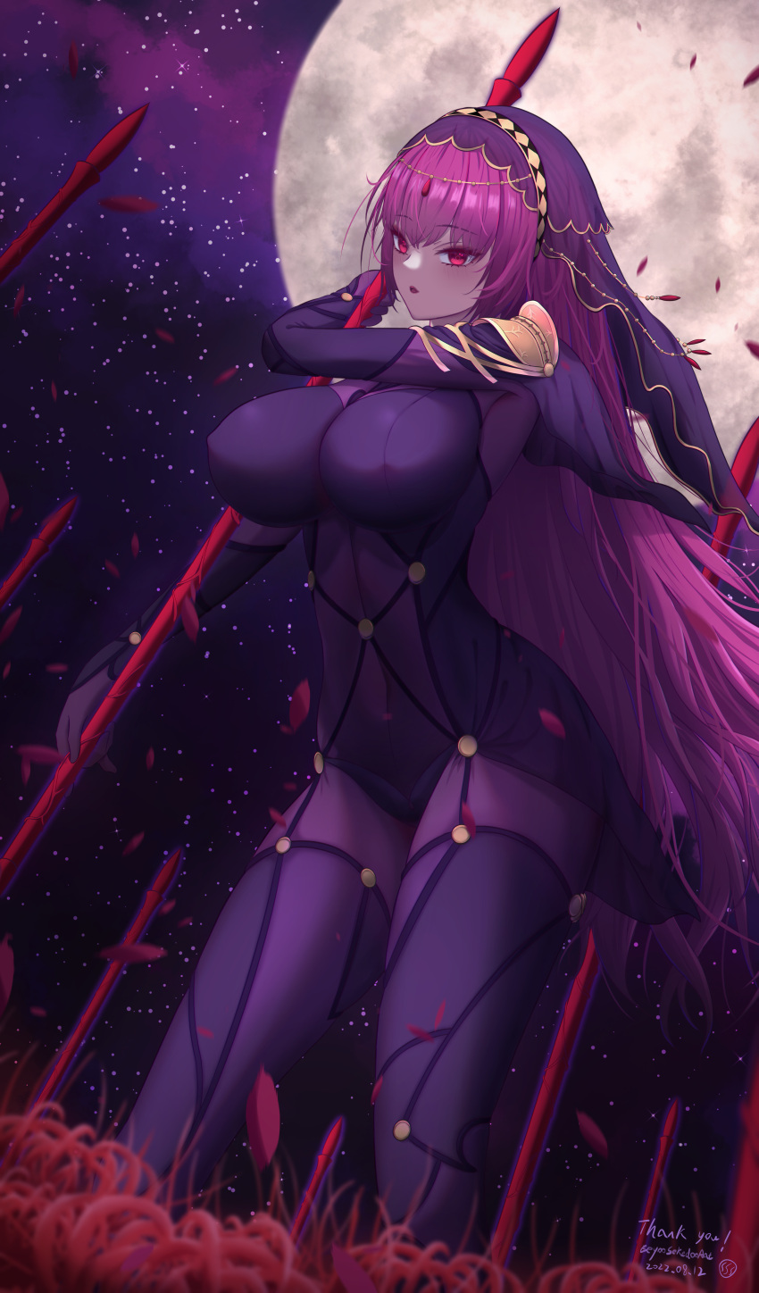 absurdres armor bodysuit breasts commentary_request covered_navel eeyoosekedooaat fate/grand_order fate_(series) female flower full_moon gae_bolg_(fate) hair_intakes highres large_breasts leotard long_hair moon night night_sky outdoors partial_commentary pauldrons polearm purple_bodysuit purple_hair purple_leotard red_eyes scathach_(fate) shoulder_armor sky spear spider_lily star_(sky) very_long_hair weapon