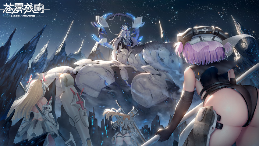 4girls ahoge arm_strap ass bare_shoulders black_gloves black_leotard blonde_hair blue_eyes blue_flower blue_rose breasts chains chalisha_de_rolland chinese_commentary commentary_request covered_nipples cowboy_shot cuffs dress elbow_gloves exoskeleton floating_hair flower from_behind giant giantess gloves grey_dress haze/reverb headgear highres holding holding_polearm holding_sword holding_weapon huge_weapon lamia large_breasts leotard long_hair looking_at_viewer mecha_musume mechanical_tail monster_girl multiple_girls night night_sky pale_skin parted_bangs polearm ponytail purple_hair rose shackles short_hair sideboob sidelocks skindentation sky smoke standing sword tail very_long_hair weapon white_leotard xiaojianwen520