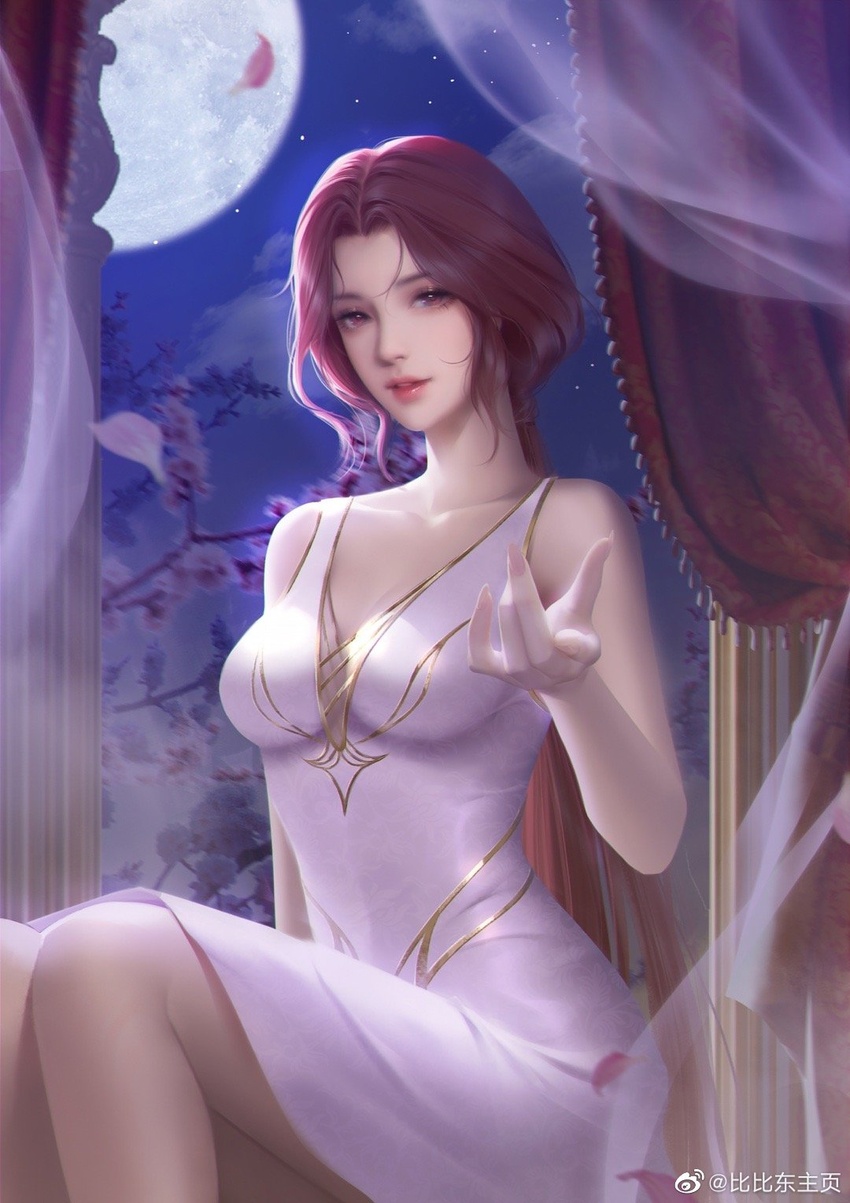 bare_legs bibi_dong_(douluo_dalu) bibi_dong_zhuye branch breasts cherry_blossoms cleavage collarbone curtains douluo_dalu dress falling_petals female gold_trim highres looking_at_viewer medium_breasts moon night night_sky parted_lips petals purple_dress purple_eyes red_eyes sitting sky smile solo star_(sky) starry_sky weibo_logo weibo_watermark