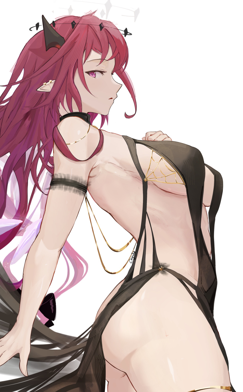 absurdres alternate_costume arm_garter ass backless_dress backless_outfit black_dress breasts chyraliss dress female frills halo hand_on_own_chest highres hololive hololive_english horns irys_(hololive) large_breasts long_hair looking_at_viewer looking_to_the_side multicolored_hair no_bra open_mouth pointy_ears purple_eyes purple_hair red_hair revealing_clothes sideboob signature simple_background slingshot_dress solo star-shaped_pupils star_(symbol) strap_gap symbol-shaped_pupils virtual_youtuber white_background