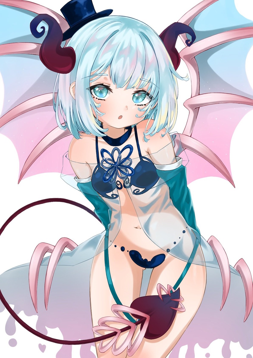 arms_behind_back bare_shoulders blue_eyes blue_hair blue_wings blush breasts demon_girl demon_horns demon_tail demon_wings detached_sleeves dress feet_out_of_frame female hat highres horns light_blue_hair looking_at_viewer mini_hat mini_top_hat navel open_mouth original pink_wings revealing_clothes see-through see-through_dress short_hair simple_background small_breasts solo subetehakai tail tilted_headwear top_hat two-tone_wings white_background wings