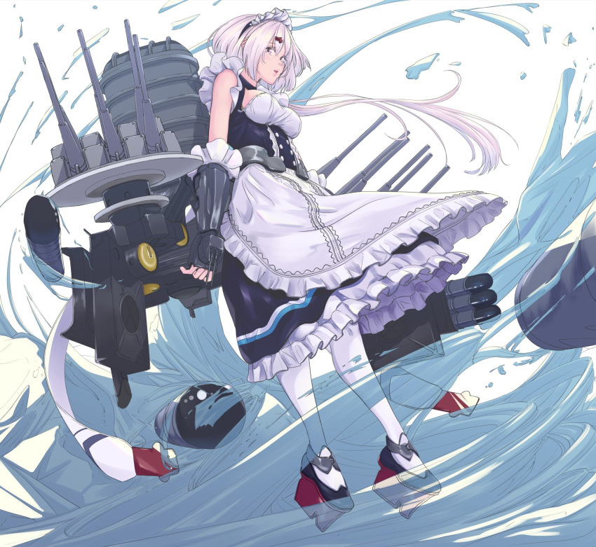 apron artist_request azur_lane belfast_(azur_lane) belfast_(azur_lane)_(cosplay) breasts cannon commentary_request cosplay female full_body gauntlets hair_ornament hairclip highres long_hair looking_at_viewer maid_headdress nijisanji pantyhose pink_hair shiina_yuika simple_background solo torpedo virtual_youtuber water weapon white_background white_pantyhose