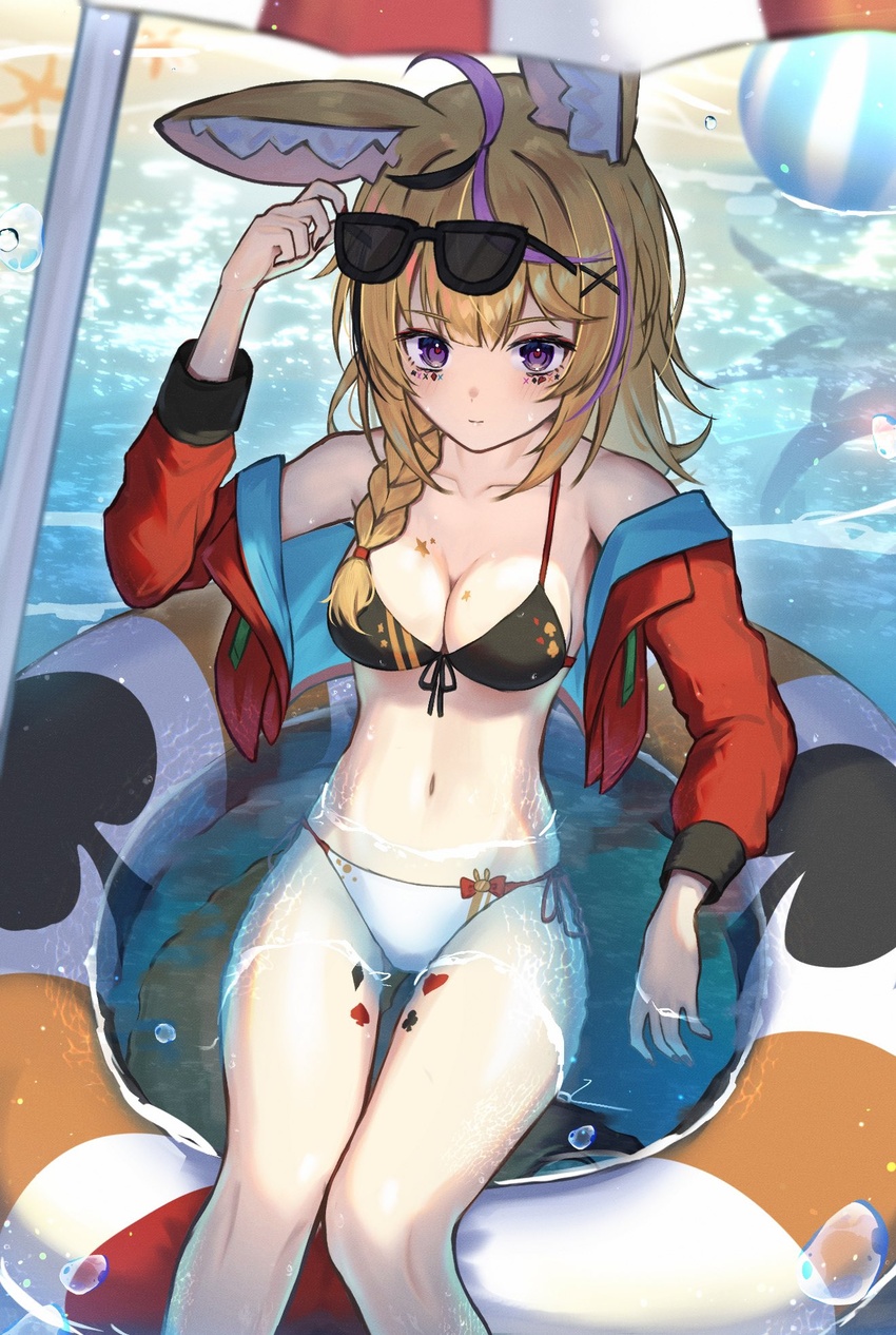 ahoge alternate_costume animal_ear_fluff animal_ears ao_ne ball beach_umbrella beachball bikini black_bra black_hair blonde_hair blush bow bra braid breasts cleavage closed_mouth club_(shape) commentary diamond_(shape) eyewear_on_head facial_mark female fox_ears fox_girl fox_tail hair_ornament hair_over_shoulder hand_on_headwear heart heart-shaped_pupils highres hololive innertube jacket light_blush long_hair medium_breasts multicolored_hair omaru_polka open_clothes open_jacket panties pink_hair purple_eyes red_jacket side_braid single_braid solo spade_(shape) star_(symbol) streaked_hair sunglasses swim_ring swimsuit symbol-only_commentary symbol-shaped_pupils tail umbrella underwear virtual_youtuber water white_panties x_hair_ornament