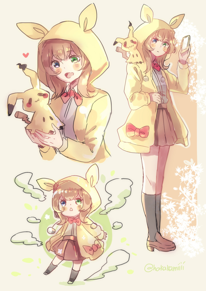 :d absurdres black_legwear blue_eyes blush bow brown_background brown_footwear brown_hair brown_skirt cellphone commentary crossover danganronpa_(series) danganronpa_3_(anime) english_commentary female full_body green_eyes green_jacket hakamii heterochromia highres holding holding_pokemon hood hood_up jacket kneehighs loafers long_hair long_sleeves mimikyu multiple_views on_shoulder open_clothes open_mouth orange_bow phone pleated_skirt pokemon pokemon_(creature) pokemon_on_shoulder red_bow shirt shirt_tucked_in shoes skirt smartphone smile socks standing umesawa_aiko white_background white_shirt