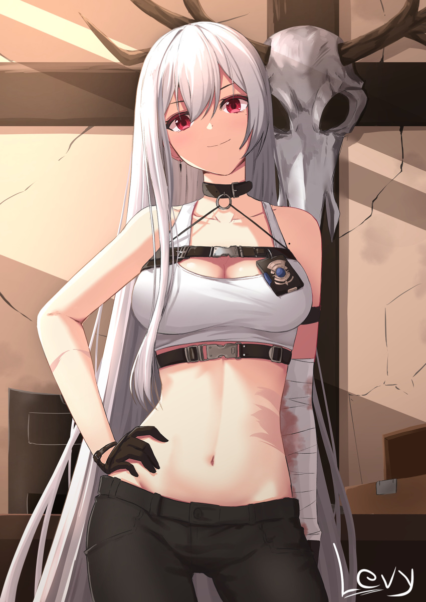 animal_skull arm_strap artist_name azur_lane bandaged_arm bandages bare_shoulders black_collar black_gloves black_pants breasts buckle chest_strap cleavage collar collarbone cowboy_shot crop_top english_commentary female gloves groin hair_between_eyes hand_on_own_hip highres indoors large_breasts levy_(comradlevy) long_hair looking_at_viewer midriff mole mole_on_body mole_under_eye multiple_straps navel o-ring official_alternate_costume pants police_badge red_eyes scar sidelocks smile snap-fit_buckle solo sovetskaya_rossiya_(azur_lane) sovetskaya_rossiya_(the_lackadaisical_lookout)_(azur_lane) sports_bra standing underbust very_long_hair white_hair white_sports_bra