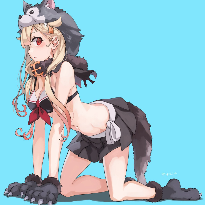 animal_hood bikini bikini_skirt black_bikini black_skirt blonde_hair blue_background blush female hair_flaps hair_ornament hairclip highres hood kantai_collection long_hair navel open_mouth pleated_skirt red_eyes simple_background skirt solo sugue_tettou swimsuit tail twitter_username wolf_hood wolf_paws wolf_tail yuudachi_(halloween_mode)_(kancolle) yuudachi_(kancolle) yuudachi_kai_ni_(kancolle) yuudachi_kai_ni_(swimsuit)_(kancolle)