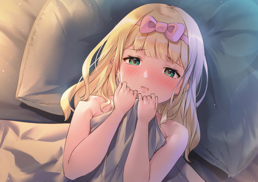 bed_sheet blonde_hair blush bow bow_hairband commentary female green_eyes hairband hairbow highres ichijou_natsu long_hair looking_at_viewer lying naked_sheet on_back on_bed pepeo pout shuumatsu_no_harem sidelocks solo