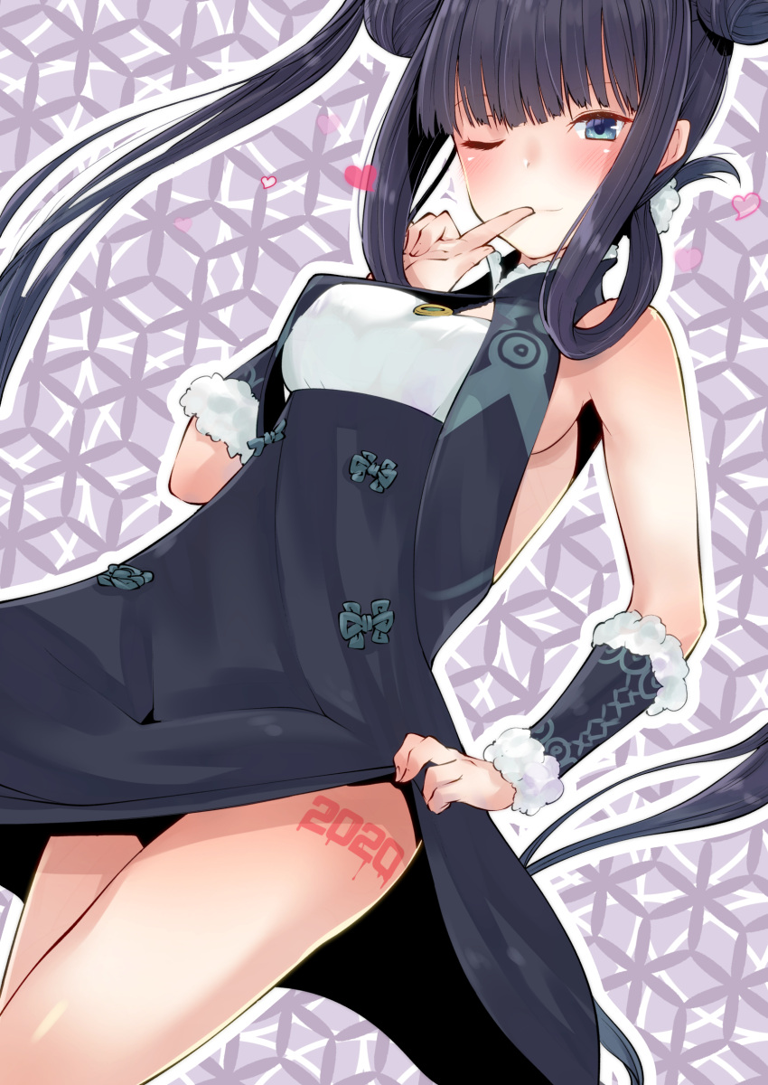 2020 absurdres bare_shoulders black_dress blue_eyes blunt_bangs breasts china_dress chinese_clothes cowboy_shot double_bun dress fate/grand_order fate_(series) female hair_bun hair_ornament highres leaf_hair_ornament leafy_(kitsuneya) leg_tattoo lifting_own_clothes long_hair looking_at_viewer medium_breasts number_tattoo one_eye_closed purple_hair sideboob smile solo tattoo thighs twintails very_long_hair yang_guifei_(fate) yang_guifei_(first_ascension)_(fate)