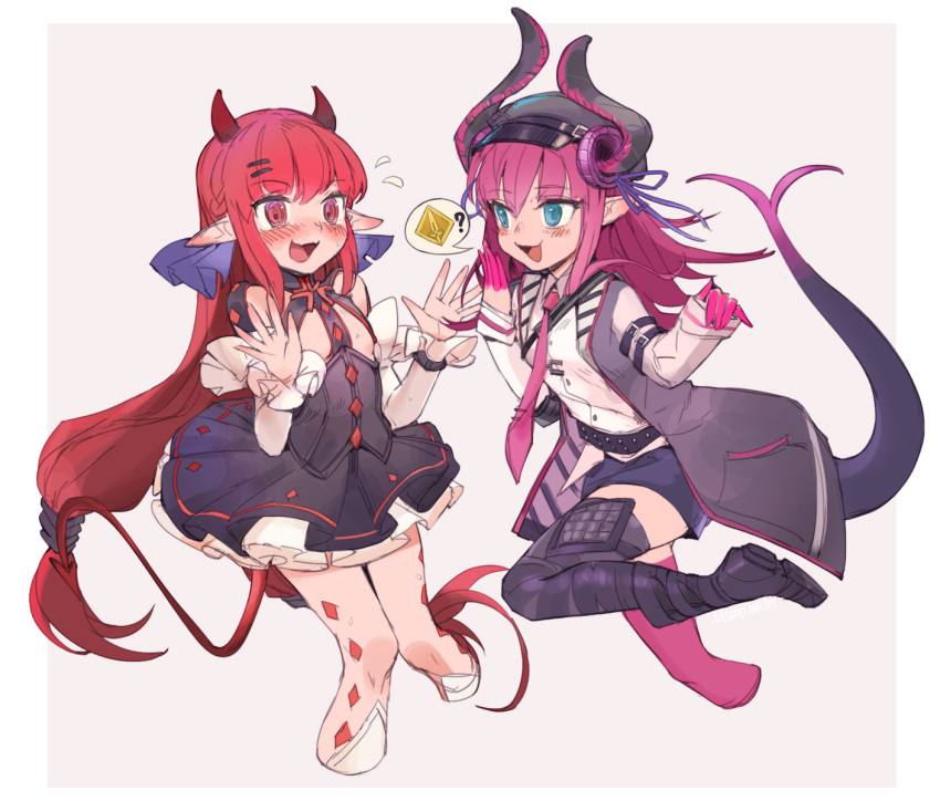 2girls ? arknights belt blue_eyes blush boots cosplay costume_switch demon_horns demon_tail dragon_horns dragon_tail dress elizabeth_bathory_(fate) elizabeth_bathory_(fate/extra_ccc) elizabeth_bathory_(fate/extra_ccc)_(cosplay) elizabeth_bathory_(first_ascension)_(fate) elizabeth_bathory_(first_ascension)_(fate)_(cosplay) fate/extra fate/extra_ccc fate/grand_order fate_(series) hat highres horns jacket long_hair multiple_girls necktie nemo_(leafnight) open_mouth photoshop_(medium) pink_hair red_hair sweatdrop tail tied_hair vigna_(arknights) vigna_(arknights)_(cosplay)