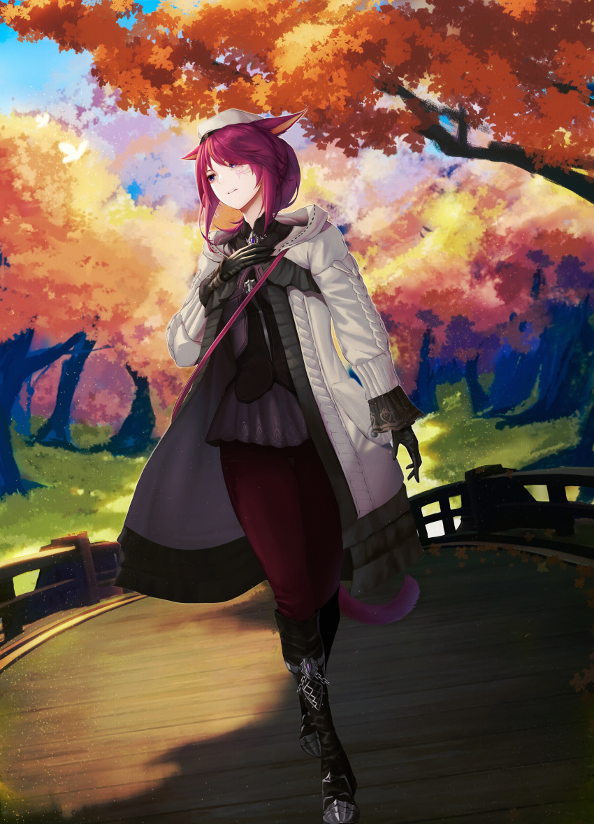 absurdres animal_ears autumn_leaves cat_ears cat_tail commission dutch_angle facial_mark female final_fantasy final_fantasy_xiv hat highres jacket medium_hair miqo'te open_clothes open_jacket outdoors purple_eyes purple_hair solo tail tree warrior_of_light_(ff14) whisker_markings zeri_(zeristudio)