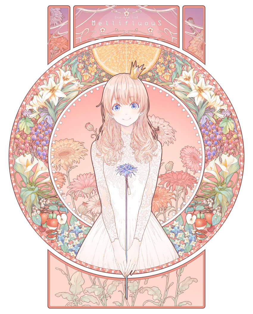 absurdres apple art_nouveau bad_id bad_pixiv_id blue_eyes bouno_satoshi closed_mouth crown dress female flower food fruit grapes highres lily_(flower) long_hair looking_at_viewer mini_crown original own_hands_together pink_hair smile solo