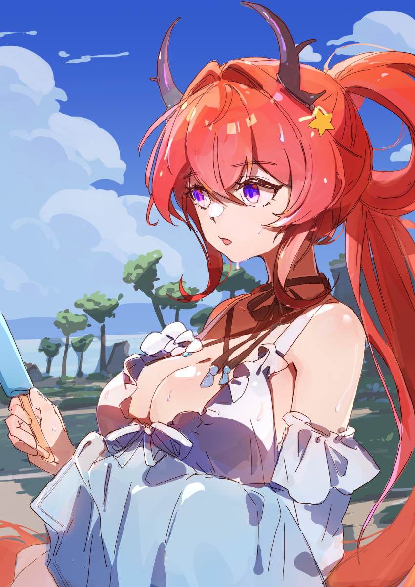 absurdres arknights bare_shoulders bikini blue_sky breasts cloud criss-cross_halter day detached_sleeves female food hair_between_eyes hair_intakes hair_rings halterneck highres holding holding_food long_hair official_alternate_costume outdoors parted_lips ponytail popsicle purple_eyes red_hair sao7 sky solo surtr_(arknights) surtr_(colorful_wonderland)_(arknights) swimsuit tree upper_body very_long_hair