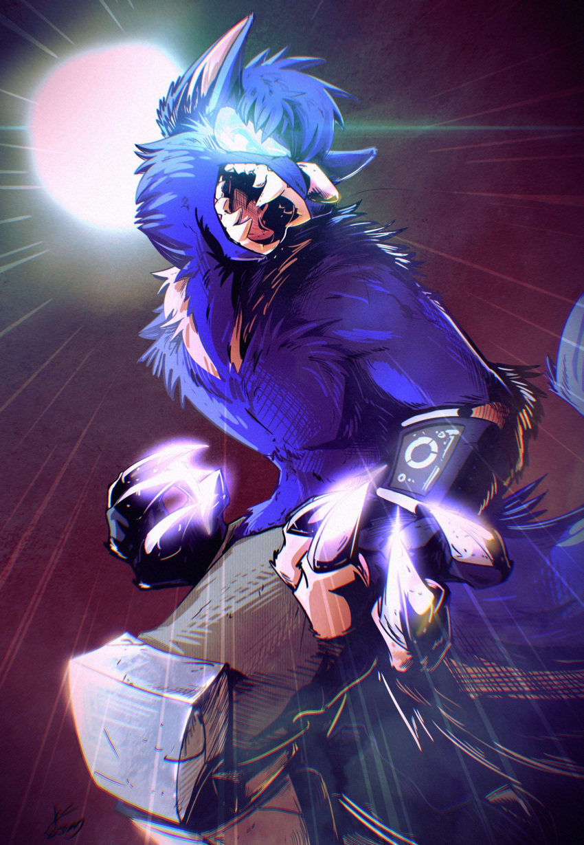 anthro blue_body blue_fur bottomwear canid canine canis claws clothed clothing fur halloween hi_res holidays male mammal metal moon mrjimmydafloof mythological_canine mythological_creature mythology night open_mouth pants solo topless topless_male were werecanid werecanine werewolf wolf