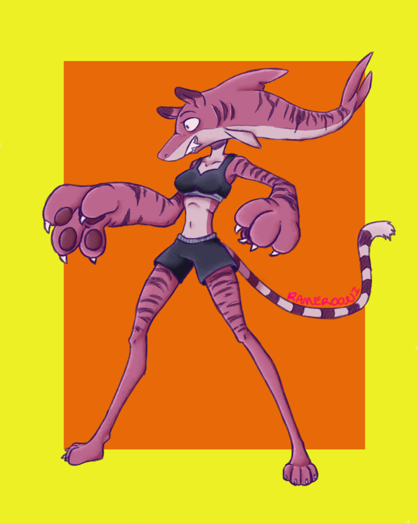 4:5 anthro clothed clothing digital_media_(artwork) felid female fish fur hi_res hybrid lewderooni mammal marine pantherine pose purple_body purple_fur ramerooni requiem_shark shark simple_background smile solo tiger tiger_shark