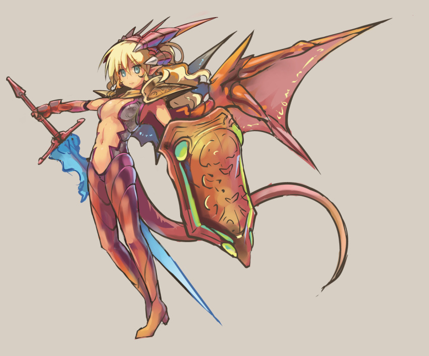 blonde_hair blue_eyes breasts clip_studio_paint_(medium) closed_mouth dragon_girl female full_body grey_background hair_between_eyes holding holding_shield holding_sword holding_weapon horns long_hair looking_at_viewer medium_breasts monster_girl navel original shield simple_background solo spread_wings sword tail weapon yuugiri_(u-slash)