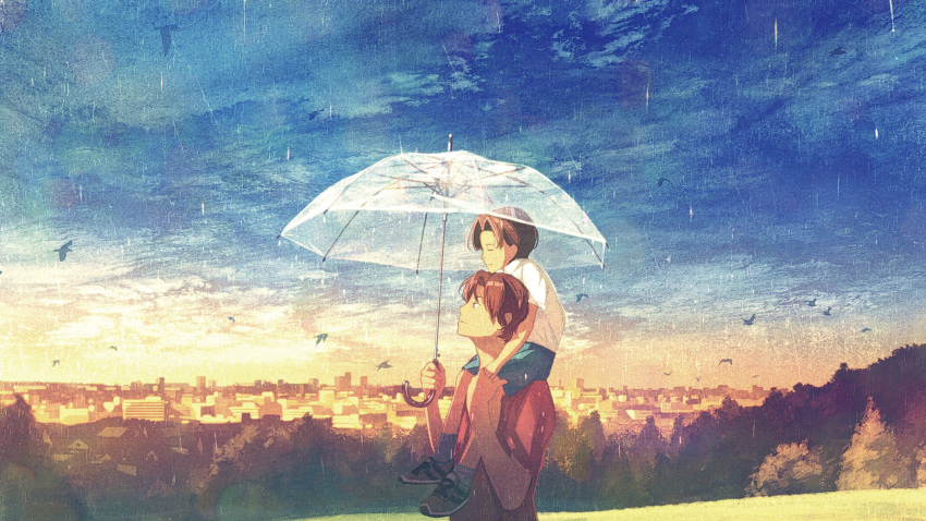 2boys aqua_shorts bird blue_sky brown_hair building carrying closed_eyes cloud cloudy_sky gemi grey_footwear highres holding holding_umbrella horizon multiple_boys original outdoors rain red_shirt shared_umbrella shirt shoes short_hair short_sleeves shorts shoulder_carry sky transparent transparent_umbrella umbrella upper_body white_shirt wide_shot