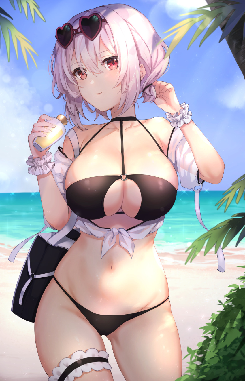 azur_lane bag bare_shoulders beach bikini black_bikini bottle breasts bridal_garter cleavage closed_mouth collarbone commentary_request cowboy_shot day eyewear_on_head female front-tie_top groin halterneck hands_up heart heart-shaped_eyewear highres holding horizon kon_(k0n16) large_breasts lens_flare looking_at_viewer navel o-ring o-ring_bikini ocean off_shoulder official_alternate_costume outdoors palm_leaf red_eyes scrunchie see-through short_hair shoulder_bag sirius_(azur_lane) sirius_(scorching-hot_seirios)_(azur_lane) skindentation smile solo standing stomach sunglasses sunlight swimsuit thighs water white_hair wrist_scrunchie