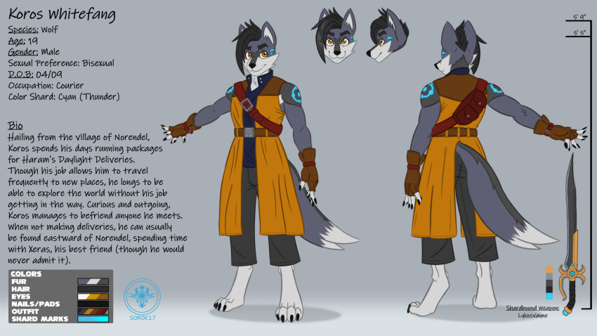 16:9 2020 backpack belt black_hair blue_body blue_fur canid canine canis chromakoros clothed clothing digital_media_(artwork) english_text fantasy fur gradient_background hair hi_res jacket koros_whitefang mammal melee_weapon model_sheet satchel simple_background sword text topwear weapon widescreen wolf yellow_eyes