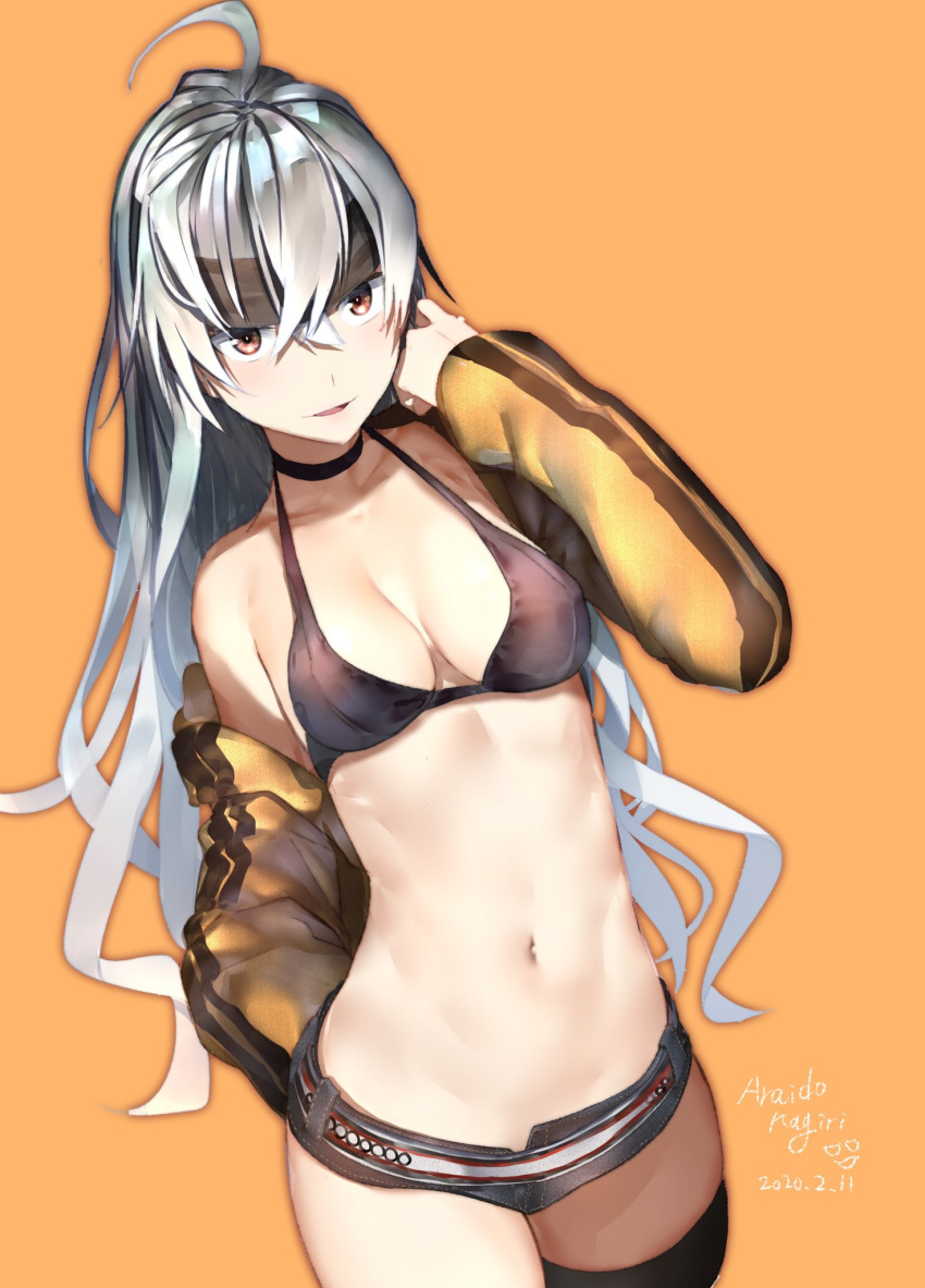 ahoge araido_kagiri bare_shoulders belt black_bra black_thighhighs bra breasts choker cleavage commentary_request cowboy_shot dated female grey_hair hair_between_eyes halterneck hand_up headband highres jacket long_hair long_sleeves looking_at_viewer medium_breasts micro_shorts navel off_shoulder open_clothes open_jacket orange_background orange_jacket original parted_lips red_eyes shorts signature smile solo stomach thighhighs underwear very_long_hair