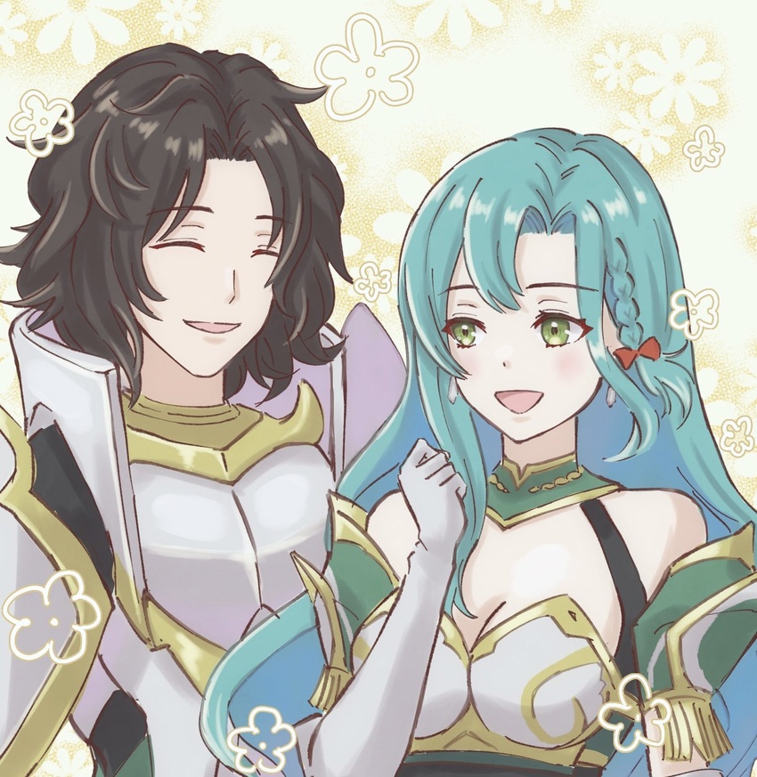 1boy :d ^_^ aqua_hair armor bare_shoulders black_hair blush breasts chloe_(fire_emblem) cleavage closed_eyes commentary_request elbow_gloves female fire_emblem fire_emblem_engage gloves green_eyes highres large_breasts long_hair louis_(fire_emblem) open_mouth short_hair shoulder_armor smile tea6043 upper_body white_gloves