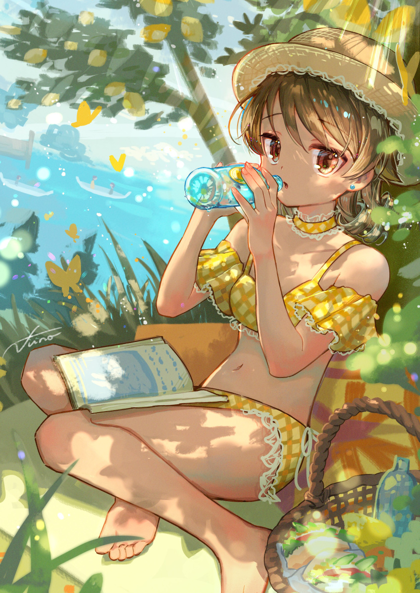 absurdres barefoot bikini book bottle breasts brown_eyes brown_hair bug butterfly choker drinking earrings eyelashes feet female food frilled_bikini frilled_choker frills fruit full_body grass hair_between_eyes hands_up hat highres holding idolmaster idolmaster_cinderella_girls jewelry leaning_back legs lemon lemon_slice medium_hair morikubo_nono navel open_book outdoors picnic_basket plaid plaid_bikini signature sketch_background small_breasts soles solo straw_hat stud_earrings swept_bangs swimsuit thighs toes water_bottle yellow_bikini yellow_choker yukinuno