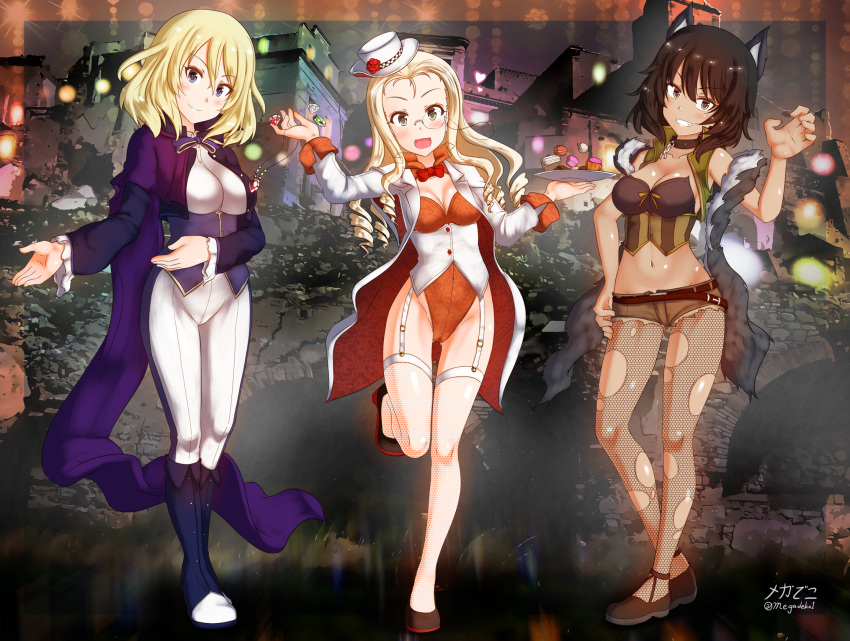 3girls andou_(girls_und_panzer) animal_ears aquaegg artist_name bangs belt black_belt black_footwear black_hair black_shirt blonde_hair blue_eyes blue_footwear boots bow bowtie breasts brown_eyes building cape cleavage closed_mouth coat collar commentary_request crop_top cutoffs dark_skin diamond_(gemstone) dog_collar dress_shirt drill_hair eyebrows_visible_through_hair fishnet_legwear fishnets flats garter_straps gem gesture girls_und_panzer girls_und_panzer_senshadou_daisakusen! green_eyes green_jacket green_shorts grin halloween halloween_costume hand_on_hip hat head_tilt highleg highleg_leotard highres holding holding_plate jacket jewelry leg_up legwear_under_shorts leotard long_hair long_sleeves looking_at_viewer marie_(girls_und_panzer) medium_breasts medium_hair messy_hair micro_shorts midriff_peek mini_hat mini_top_hat monocle multiple_girls navel neck_ribbon necklace night open_mouth oshida_(girls_und_panzer) outdoors pants pantyhose partial_commentary plate purple_cape purple_neckwear red_leotard red_neckwear ribbon rimless_eyewear shirt shorts signature sleeveless sleeveless_jacket smile standing standing_on_one_leg tail thighhighs top_hat torn_clothes torn_legwear twitter_username underbust vampire_costume werewolf white_coat white_headwear white_legwear white_pants white_shirt wolf_ears wolf_tail