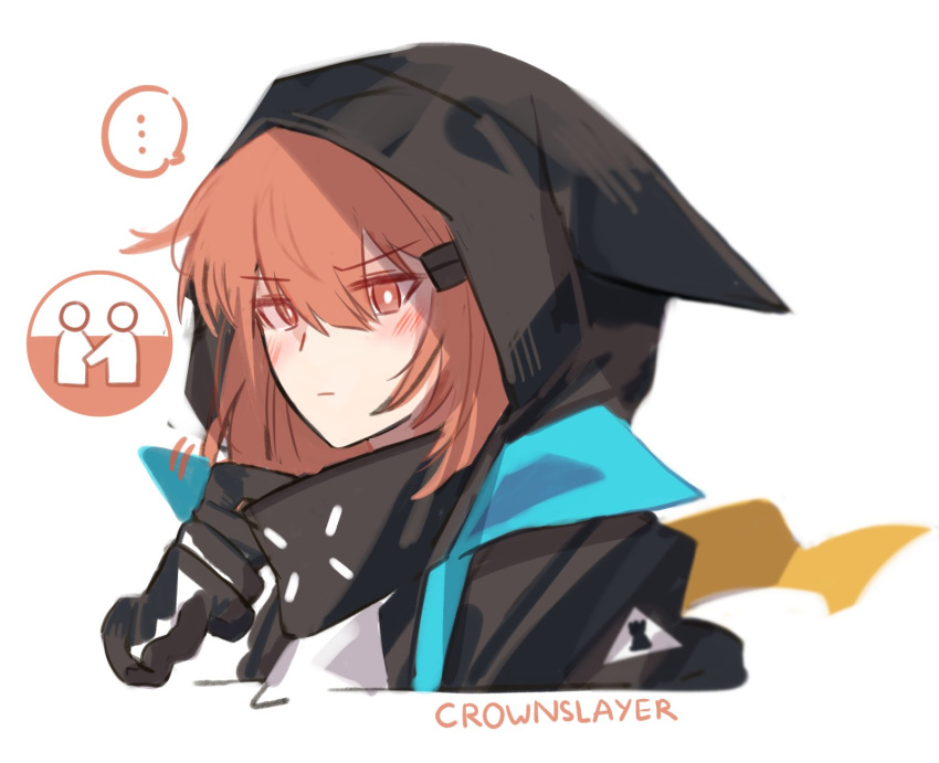 ... alternate_costume alternate_universe animal_ears animal_hood arknights black_jacket blush character_name closed_mouth commentary crownslayer_(arknights) english_commentary fake_animal_ears female gameplay_mechanics highres hood jacket looking_at_viewer mask mask_around_neck mask_pull orange_eyes orange_hair rhodes_island_logo_(arknights) solo spoken_ellipsis upper_body v-shaped_eyebrows yuutama2804