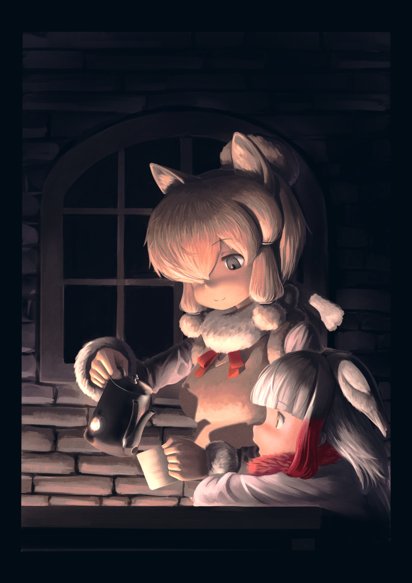 2girls absurdres alpaca_ears alpaca_suri_(kemono_friends) animal_ears arm_rest bad_id bad_pixiv_id bird_wings blonde_hair blue_eyes blunt_bangs blush border brick_wall closed_mouth commentary_request cup fine_art_parody from_side fur-trimmed_sleeves fur_collar fur_scarf fur_trim hair_bun hair_over_one_eye hands_up head_wings highres holding holding_cup holding_teapot indoors japanese_crested_ibis_(kemono_friends) kemono_friends light long_hair long_sleeves looking_at_another looking_down medium_hair metal multiple_girls neck_ribbon night nose_blush okome_kogashi open_mouth parody red_hair reflection ribbon scarf shade shirt sidelocks single_hair_bun smile sweater_vest table teacup teapot white_hair window wings yellow_eyes