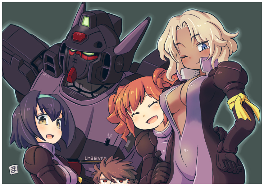 1boy 3girls blonde_hair blue_eyes blue_outline bodysuit border breasts brown_eyes brown_hair cleavage closed_eyes closed_mouth crossbone_gundam_ghost dark-skinned_female dark_skin deux_luka_frills font_baud glasses green_background gundam headband large_breasts long_hair long_sleeves looking_at_viewer mawaru_(mawaru) multiple_girls normal_suit one_eye_closed open_clothes open_mouth orange_hair outline purple_bodysuit purple_hair short_hair tres_mares victory_gundam_hexa white_border yi_lychee