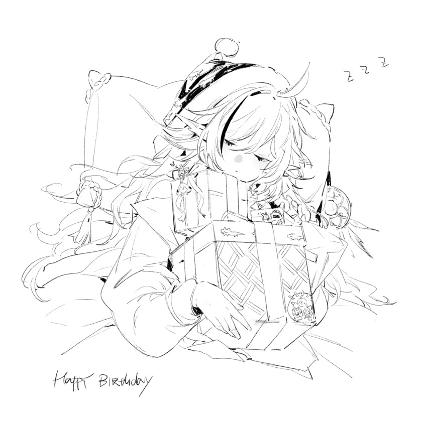 ahoge alternate_costume arknights bobblehat box chuzenji closed_eyes closed_mouth commentary eyebrows_hidden_by_hair female gift gift_box greyscale happy_birthday highres holding holding_gift long_sleeves lying monochrome on_back pillow pointy_ears simple_background sleeping solo symbol-only_commentary tomimi_(arknights) white_background zzz