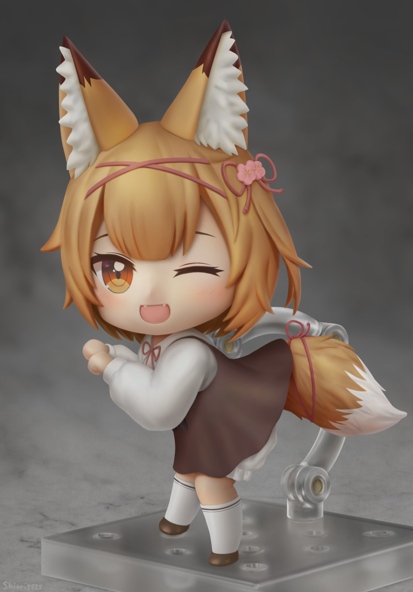 absurdres animal_ear_fluff animal_ears artist_name bent_over blunt_bangs brown_dress brown_footwear brown_hair chibi claw_pose dress fangs faux_figurine female flower fox_ears fox_girl fox_tail from_side full_body hair_flower hair_ornament hair_ribbon highres kneehighs koume_(vrchat) long_sleeves looking_at_viewer nendoroid one_eye_closed photoshop_(medium) pinafore_dress puffy_sleeves red_ribbon ribbon shiori2525 short_hair sidelocks sleeveless sleeveless_dress socks solo standing tail vrchat white_socks