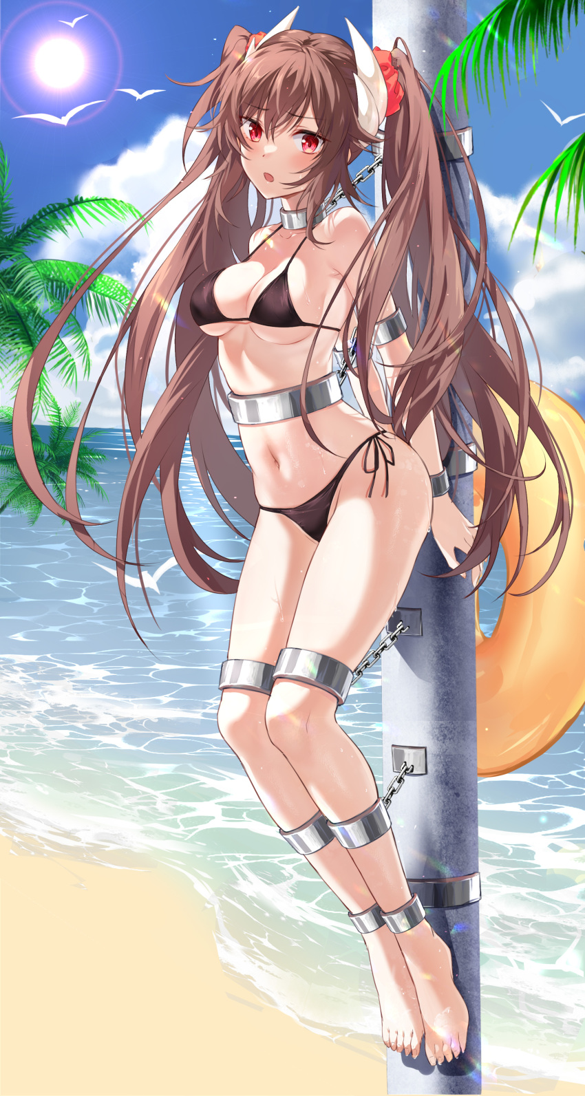 :o absurdres arms_behind_back ass azur_lane bare_shoulders barefoot beach bikini bird black_bikini blue_sky blush bound bound_ankles bound_arms bound_legs bound_wrists breasts brown_hair chained chains cleavage cloud cloudy_sky collar collarbone commentary cuffs day devil_heavens feet female full_body furrowed_brow groin hair_between_eyes hair_ornament hair_scrunchie halterneck haruna_(azur_lane) highres horns immobilization innertube legs_together lens_flare long_hair looking_at_viewer medium_breasts navel ocean open_mouth outdoors palm_leaf palm_tree pole red_eyes red_scrunchie restrained scrunchie shackles shadow side-tie_bikini_bottom sidelocks sky solo stomach string_bikini sun sweat swim_ring swimsuit tree twintails underboob water