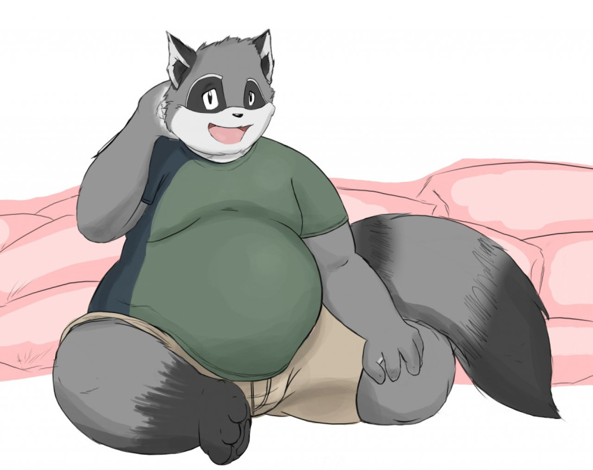 2009 anthro belly bottomwear clothing fur grey_body grey_fur humanoid_hands iavan male mammal overweight overweight_anthro overweight_male paran0id42 procyonid raccoon shirt shorts sitting solo topwear