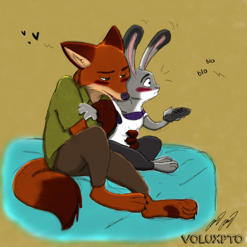 1:1 absurd_res acornshield alcram anthro bite biting_another biting_partner black_nose blush canid canine clothed clothing dipstick_ears dipstick_tail disney duo ear_markings female fox fur green_eyes grey_body grey_fur hi_res judy_hopps lagomorph leporid mammal markings multicolored_ears nick_wilde orange_body orange_fur pawpads pink_nose rabbit red_fox shirt tail tail_markings tank_top topwear true_fox voluxpto zootopia