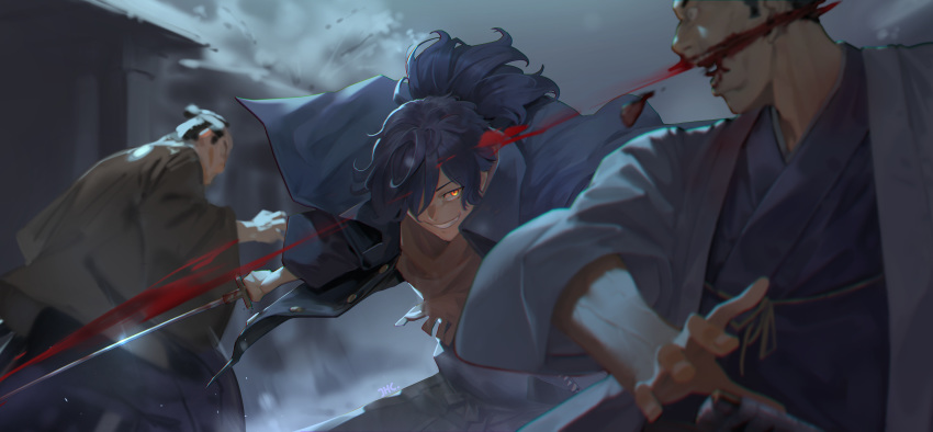 3boys absurdres battle black_hair blood blood_on_weapon coat decapitation fate/grand_order fate_(series) grin hair_over_one_eye haori highres holding holding_sword holding_weapon japanese_clothes jhc_kai katana male_focus multiple_boys okada_izou_(fate) orange_eyes ponytail scarf slashing smile sword tongue weapon