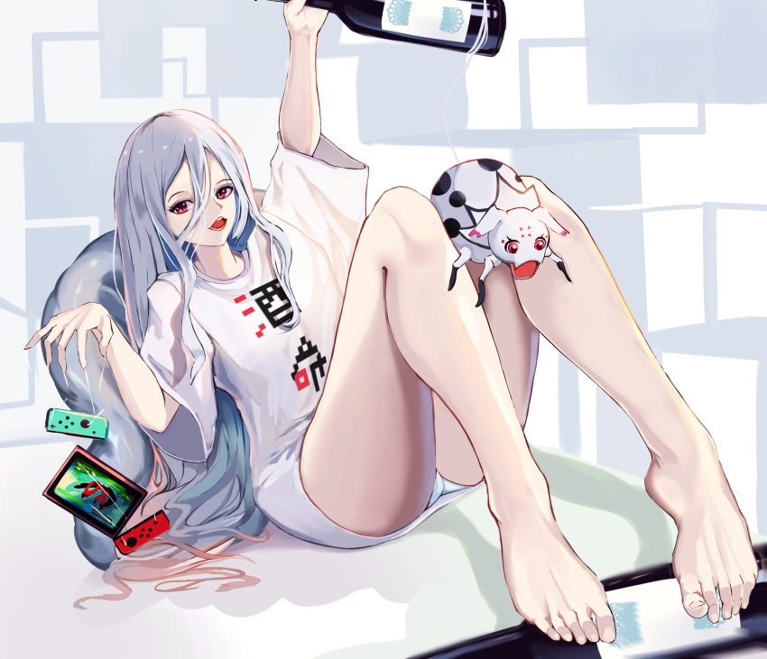 alternate_costume alternate_hairstyle barefoot bottle bug commentary_request dual_persona feet female grey_hair hair_between_eyes highres holding holding_bottle kumo_desu_ga_nani_ka? kumoko_(kumo_desu_ga_nani_ka?) long_hair nintendo_switch nnn_(nonightnomad) open_mouth panties pantyshot print_shirt purple_eyes shiraori shirt sitting solo spider t-shirt thread underwear white_panties white_shirt wine_bottle