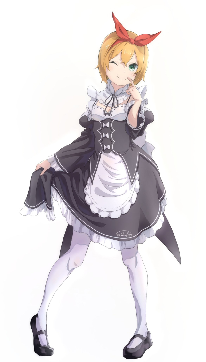 ;) apron black_footwear black_ribbon black_skirt blonde_hair bow_hairband breasts cleavage closed_mouth collar commentary detached_collar detached_sleeves female frilled_apron frilled_skirt frills full_body green_eyes hairband highres l-phy long_skirt long_sleeves looking_at_viewer maid mary_janes neck_ribbon one_eye_closed pantyhose petra_leyte re:zero_kara_hajimeru_isekai_seikatsu red_ribbon ribbon ribbon-trimmed_sleeves ribbon_trim roswaal_mansion_maid_uniform shoes short_hair simple_background skirt small_breasts smile solo spoilers waist_apron white_apron white_background white_collar white_pantyhose white_sleeves