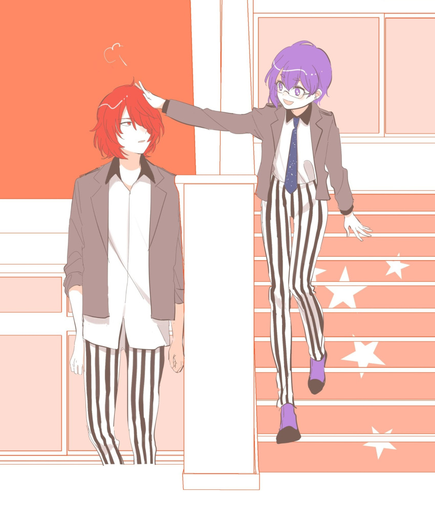 1boy bad_id bad_twitter_id bishounen_series doujima_mayumi female fukuroi_mitsuru glasses grey_jacket hair_over_one_eye hayo_see headpat highres jacket long_legs looking_at_another looking_at_viewer necktie pants purple_eyes purple_hair red_eyes red_hair school_uniform shirt striped_clothes striped_pants white_shirt yubiwa_high_school_uniform