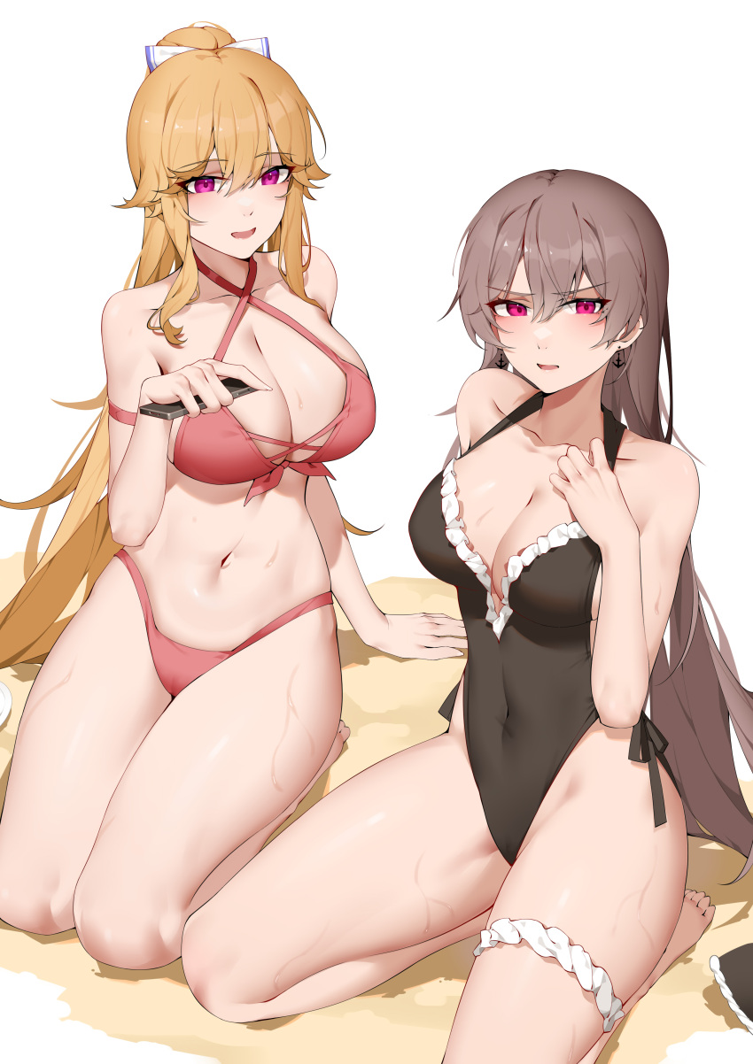 2girls absurdres alternate_color alternate_hairstyle anchor_earrings azur_lane beach bikini breasts casual_one-piece_swimsuit cellphone cleavage commentary_request cosplay costume_switch criss-cross_halter earrings hairstyle_switch halterneck highleg highleg_swimsuit highres jean_bart_(azur_lane) jean_bart_(azur_lane)_(cosplay) jean_bart_(private_apres_midi)_(azur_lane) jewelry kneeling large_breasts long_hair multiple_girls official_alternate_costume one-piece_swimsuit phone ponytail purple_eyes richelieu_(azur_lane) richelieu_(azur_lane)_(cosplay) richelieu_(fleuron_of_the_waves)_(azur_lane) sidelocks smartphone swimsuit thigh_strap wsfw