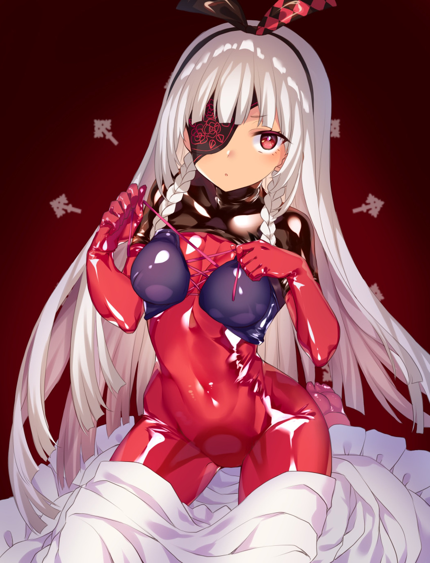 absurdres blush bodysuit braid breasts covered_navel cross-laced_clothes dohna_dohna_issho_ni_warui_koto_o_shiyou dress female gradient_background grey_hair hairband highres light_blush long_hair looking_at_viewer medium_breasts parted_lips pink_eyes print_eyepatch red_bodysuit seiza side_braids sitting skin_tight solo two-tone_bodysuit tying unworn_dress yammy_(dohna_dohna) yononaka