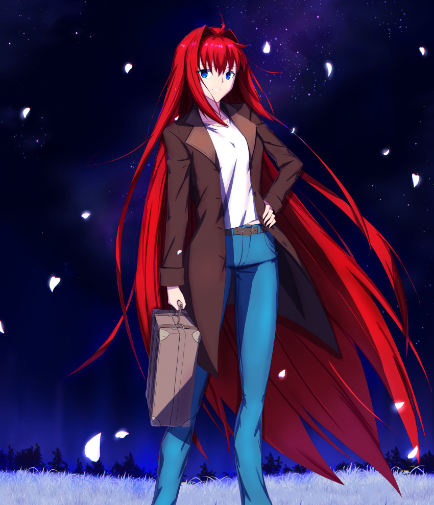 absurdres ahoge aozaki_aoko belt belt_buckle blue_eyes blue_pants brown_belt brown_coat buckle coat collarbone female floating_hair grin hair_between_eyes hair_intakes hand_on_own_hip highres holding long_hair long_sleeves looking_at_viewer night open_clothes open_coat outdoors pants red_hair shirt sky smile solo standing star_(sky) starry_sky suitcase tsukihime tsukinaga very_long_hair white_shirt