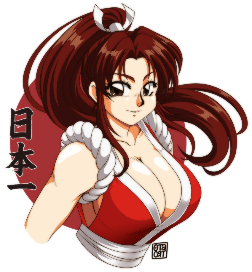 0tacat 1990s_(style) artist_name bare_shoulders breasts brown_eyes brown_hair cleavage collarbone commentary fatal_fury female hair_ornament high_ponytail highres large_breasts long_hair looking_at_viewer ninja parted_bangs parted_lips ponytail retro_artstyle rope shiny_skin shiranui_mai signature simple_background sleeveless smile solo the_king_of_fighters upper_body